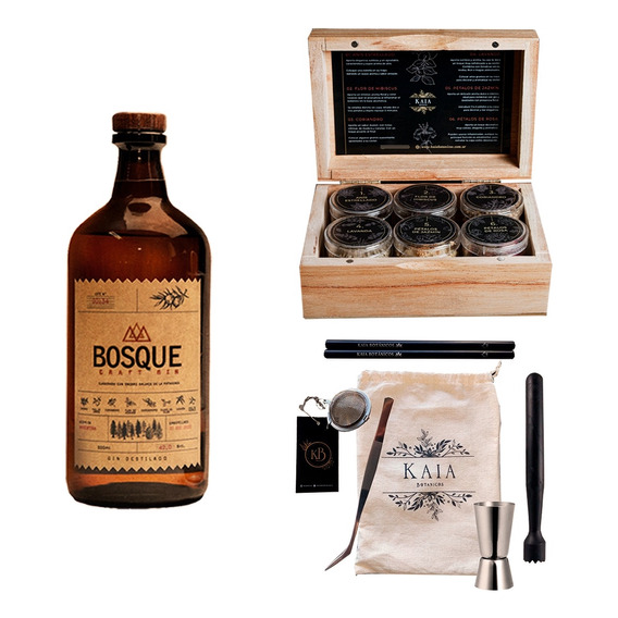 Kit Gin Tonic Botanicos Caja Kaia Premium + Bosque + Bartool