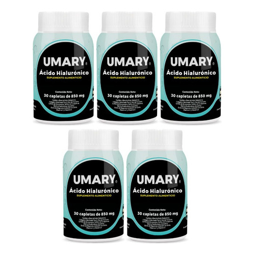 5 frascos Ácido Hialurónico Umary 30 capletas Suplemento 850 mg