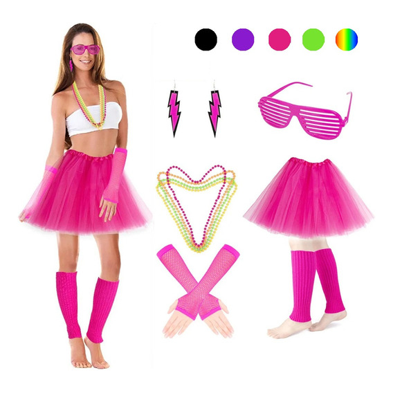 Set De Disfraz Fiesta Retro Los 80 Para Mujer 6 Pzs Colores