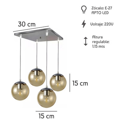 Colgante 4 Luces Globo 15cm Vidrio Ambar Base 30x30 Apto Led