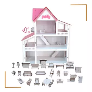 Kit Casa De Boneca + 30 Moveis Em Mdf Pintado 