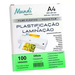 Plástico De Plastificação A4 220x307x0,05mm 100un 125 Micras