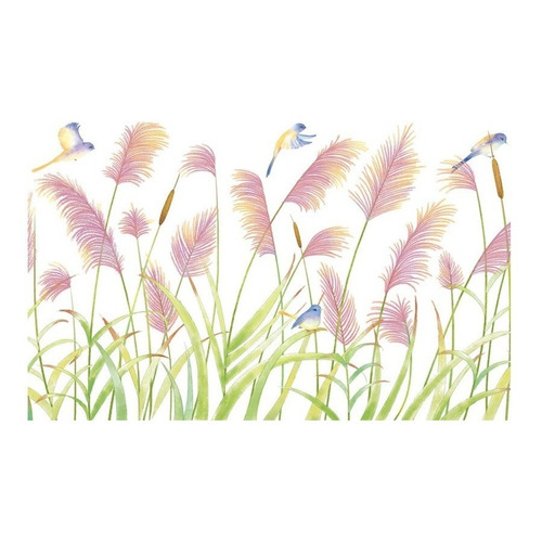 Sticker Para Pared De Sala Con Diseño Flores Y Aves Color Rosa