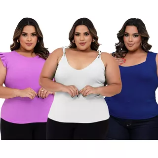 Blusa Feminina Plus Size Kit Com 3 Cores Diversas Com Lycra