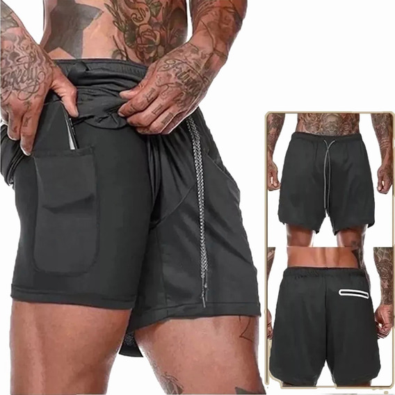 Short Hombre Deportivo Con Licra Bolsillo 2 En 1 Poliester