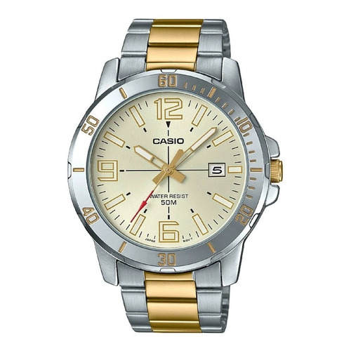 Reloj pulsera Casio MTP-VD01 con correa de acero inoxidable color plateado/oro - fondo beige - bisel plateado