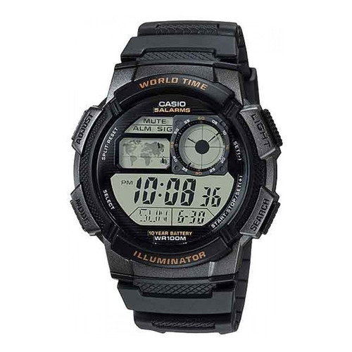 Reloj pulsera Casio Youth Series AE-1000 de cuerpo color negro, digital, para hombre, fondo negro, con correa de resina color negro, dial negro, subesferas color gris, minutero/segundero negro, bisel color negro, luz ámbar y hebilla simple