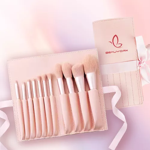 Set de 8 mini brochas de maquillaje con neceser rosa