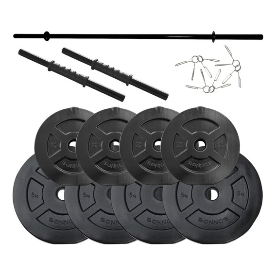 Kit Set De Discos Con  Barra y Mancuernas Total 30 Kg Sonnos