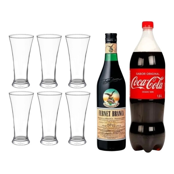 Fernet Botella 750ml + 6 Vasos Long Drink + Coca Cola 1,5lts