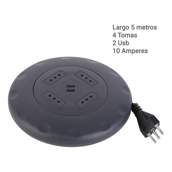 Alargador Retráctil 4 Tomas 5 M + 2 Usb Negro