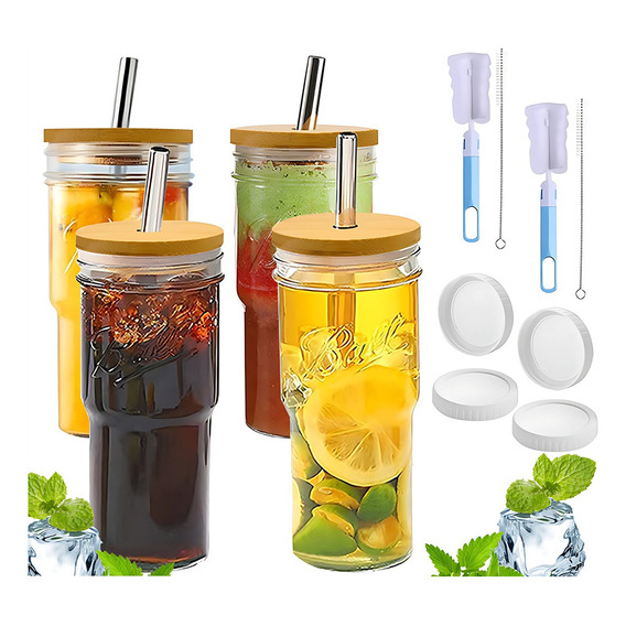 4pzs Vaso De Vidrio Taza Cristal Con Pajita Tapa Bambú 650ml