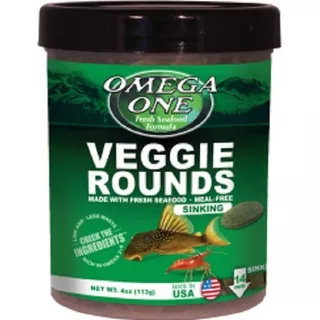 Omega One Veggie Rounds Sinking 113g Alimento Peces Gambas Herbívoro Caracoles Pastilla 14mm A Base De Salmón Algas Marinas Frescas Espirulina