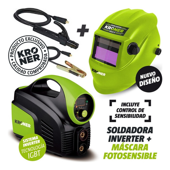 Soldadora Inverter Kroner 180 Amp + Máscara Fotosensible Color Verde Frecuencia 50 Hz/60 Hz