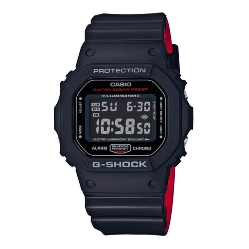 Reloj pulsera digital Casio DW5600 con correa de resina color negro/rojo - fondo negro - bisel negro/gris