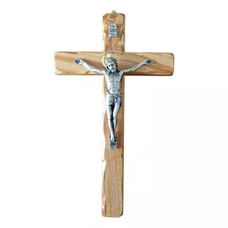 Cruz Crucifijo Madera Olivo Y Cristo Metal Italiano 28 Cm 
