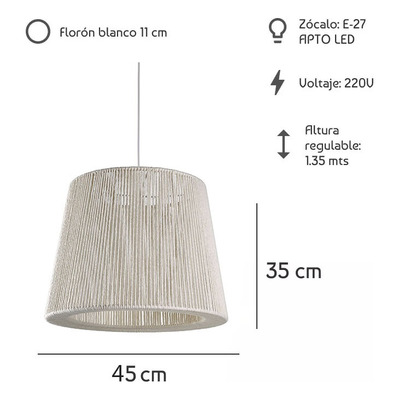 Colgante 1 Luz Hilo Natural 50cm Apto Led Moderno Luz Desing