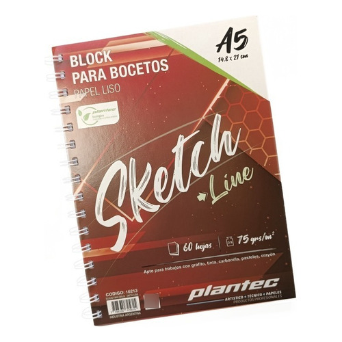 Block Para Dibujo A5 Plantec 60 Hojas Lisa 75 Gr Espiral Color Tapa Roja 16213