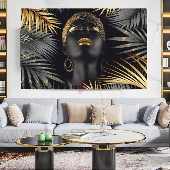 Cuadro Mujer Africana Dorada Plantas Canvas Grueso 90x60cm