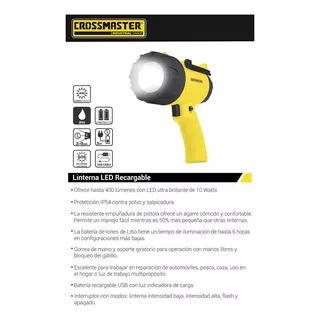 Linterna Led Recargable 400 Lúmenes 10 W Crossmaster 9932742 Color De La Linterna Amarillo Color De La Luz Blanco