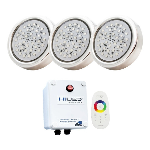 3 Luces Para Pileta Led Rgb 12w +fuente+control Remoto