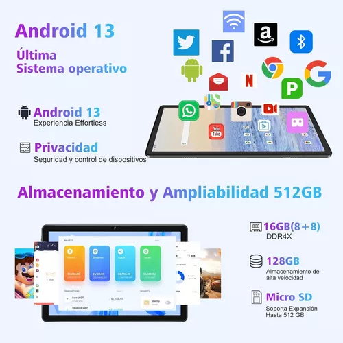 Tablet 2024 de 10.1 pulgadas, tableta Android 2 en 1 con teclado procesador  Octa-Core 128 GB de almacenamiento 1 TB expandible, cámara dual de 13+8