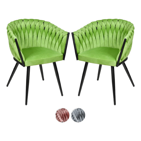 Set 2 Sillas Comedor Tejidas Terciopelo Modernas Elegantes Estructura De La Silla Negro Asiento Verde