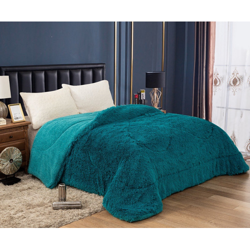 Acolchado Love & Home Pelo largo flannel queen diseño liso color turquesa de 240cm x 260cm