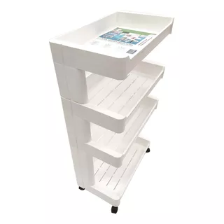 Mueble Estantería De Plástico, 4 Estantes Bandeja, Con Rueda Color Blanco