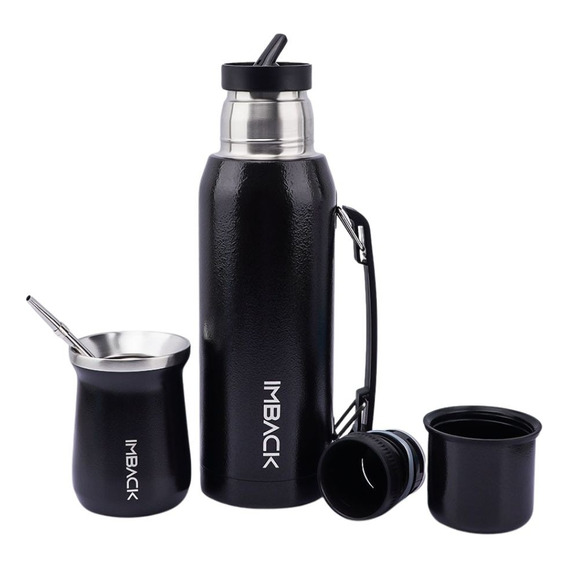 Set Termo 1 Litro Mate Bombilla 2 Picos Acero Inoxidable Color Negro