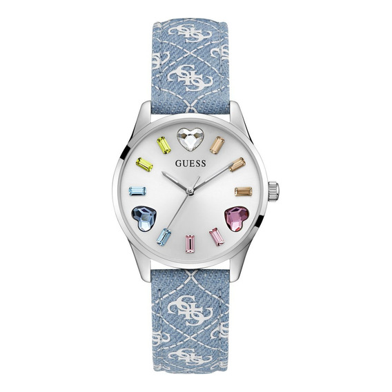 Reloj Guess Dama Marca Guess Breeze Correa Azul Claro Bisel Plateado Fondo Plateado