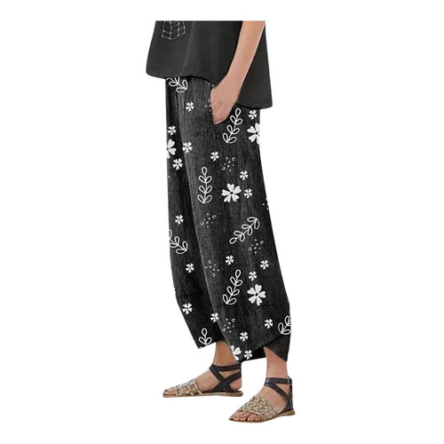 C Pantalones De Mujer Con Estampado Floral De Lino Elástico 