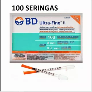 100 Seringas Insulina Bd 100ui Agulha 8mm X 0,3mm Ultrafine Capacidade Em Volume 1 Ml