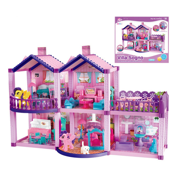 Casa De Muñecas Infantil Con Muebles Y Animales 60x22x38 Cm