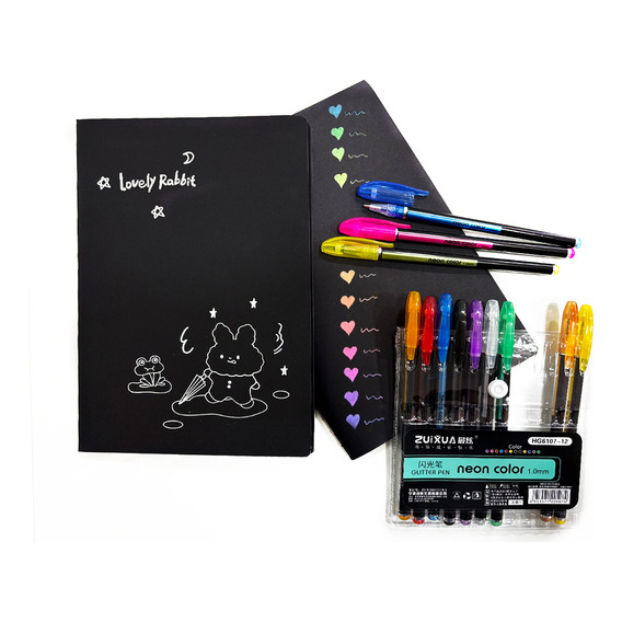 Cuaderno Libreta Negra + 12 Lapices Neon Gliter Gel