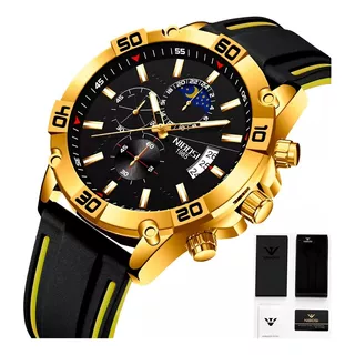 Relógio De Pulso Nibosi Nb2305r Esportivo Cronógrafo Com Corpo Selecionar,  Calendário, Para Masculino, Com Correia De Borracha Silicone Cor Preto-dourado E Fivela Simples