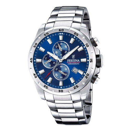 Reloj de pulsera Festina Chrono Sport F20463 de cuerpo color plateado, analógico, para hombre, fondo azul, con correa de acero inoxidable color plateado, agujas color plateado, blanco y rojo, dial plateado y blanco, subesferas color azul, minutero/segundero blanco, bisel color plateado y desplegable