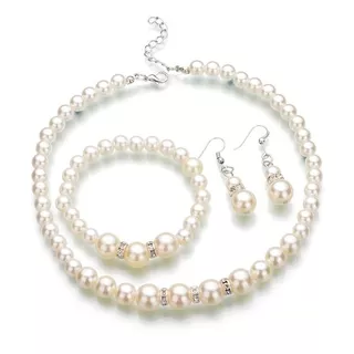 Conjunto Feminino Brincos Colar Pulseira Pérolas Prata C536