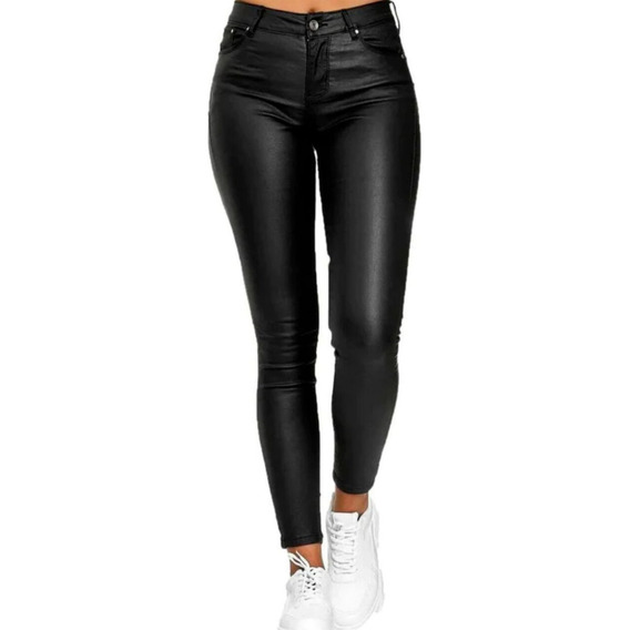 Hermoso Pantalón Elásticos Cuerina Jeans Mujer Ptym