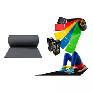 Kit Elástico Exercício + Tapete Colchonete Yoga 10mm -treino