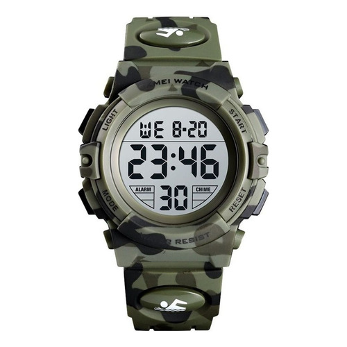 Reloj pulsera Skmei 1548 de cuerpo color army green camouflage, digital, para niños, fondo gris, con correa de poliuretano color army green camouflage, dial negro, minutero/segundero negro, bisel color army green camouflage, luz verde y hebilla simple