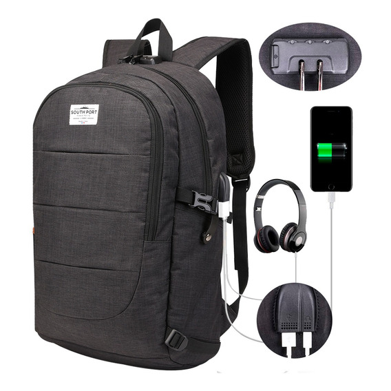 Mochila Antirrobo South Port Porta Notebook Candado Usb Auri Color Negro