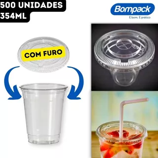 Copo 354ml Pet Cristal + Reta Plana Com Furo Bompack 500 Und