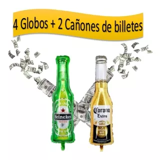 4 Globos De Cerveza + 2 Cañones Confeti Dolares