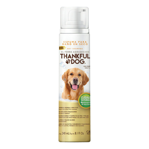 Shampoo En Seco Thankful Dog 240ml Fragancia Vainilla Tono de pelaje recomendado Todo tipo de pelaje