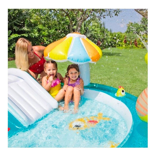 Pileta Inflable Dinosaurio Intex 203x173x89 Tobogan Somb. Color Celeste/Blanco