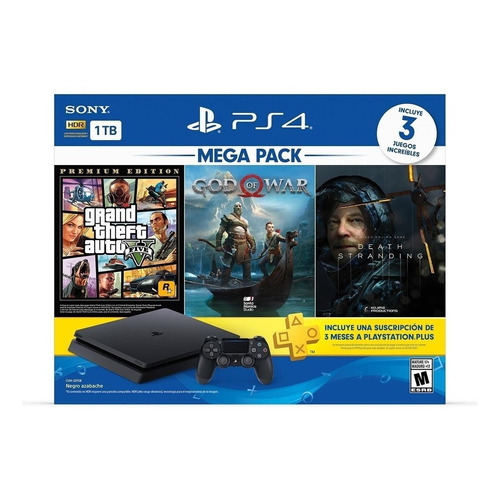 Sony PlayStation 4 Slim 1TB Mega Pack: Grand Theft Auto V Premium Edition/God of War/Death Stranding color  negro azabache