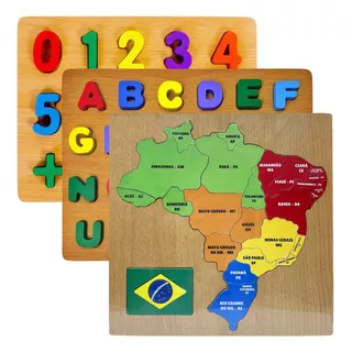Jogos Montessori Madeira Mapa Brasil Números Letras P/ Bebês