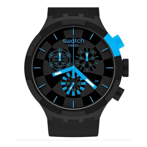 Reloj de pulsera Swatch Originals Checkpoint de cuerpo color negro, analógico, fondo negro y gris, con correa de silicona color negro y azul, agujas color azul y blanco, dial azul, subesferas color negro, gris y azul, minutero/segundero azul, bisel color negro y hebilla simple