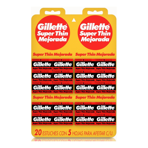Gillette Super Thin Mejorada Roja 20 X 5 hoja de afeitar filo simple acero inoxidable blister 20 cajas de 5 unidades